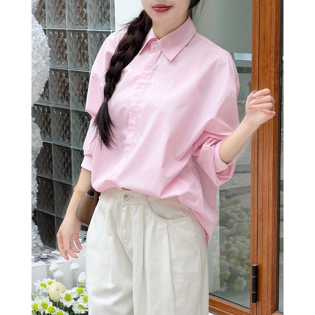 Áo Sơ Mi Thô Dài Tay, Áo Sơmi Trơn Giấu Cúc, Áo Sơ Mi Nữ Kiểu Form Dáng Rộng Miho House | BigBuy360 - bigbuy360.vn