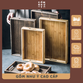 Khay gỗ tre đựng đồ ăn phục vụ, khay đựng trà ấm chén nguyên khối phong cách Nhật Bản decor