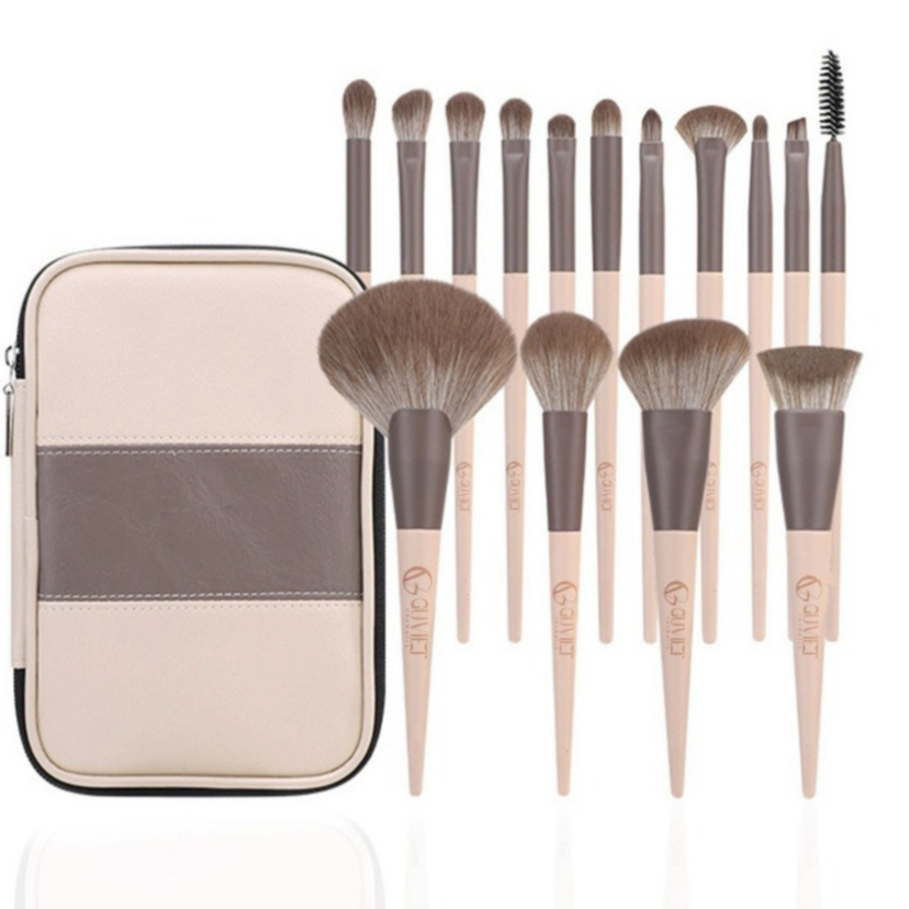 Bộ Cọ Trang Điểm Cá Nhân 15 Món GUVIET – Kèm Túi Da & Ống Cắm Cọ – Phiên Bản Màu Vàng Nâu Sang Trọng