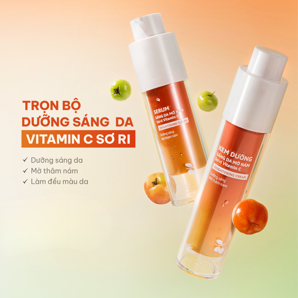 Bộ Chăm Sóc Da 3 Bước Chống Nắng Dưỡng Sáng Da Mờ Thâm Nám Tàn Nhang Sơ-ri Vitamin C Cỏ Mềm