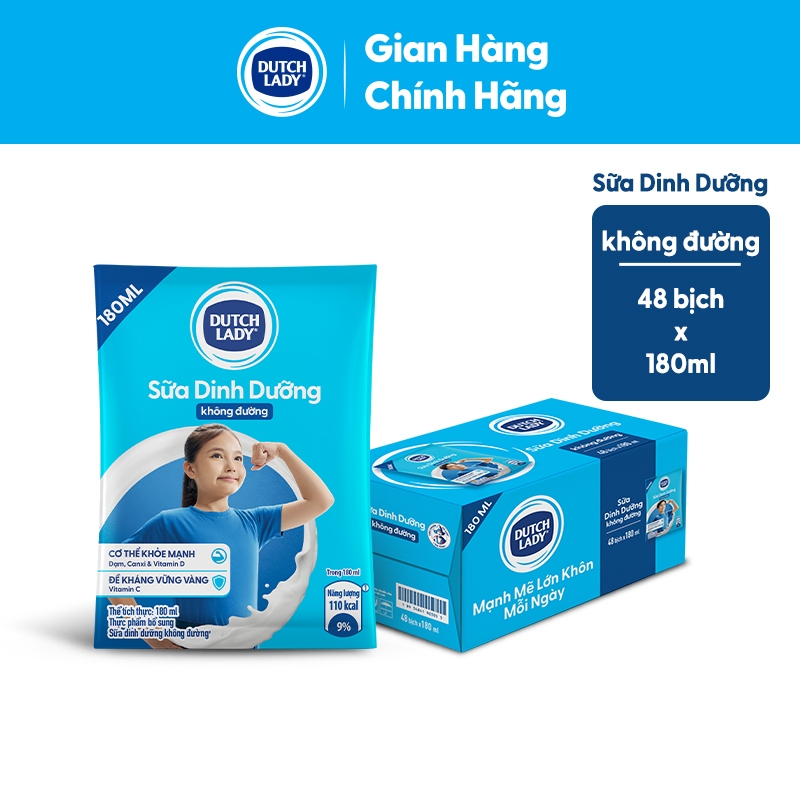[KOL] Thùng 48 Bịch Sữa Dinh Dưỡng Dutch Lady Không Đường 48x180ml