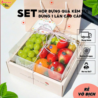 Hộp Giấy Mica Hình Vuông Đựng Hoa Quả, Trái Cây Làm Quà Biếu Tặng, Kèm Túi Đựng Có Quai Xách Tiện Dụng