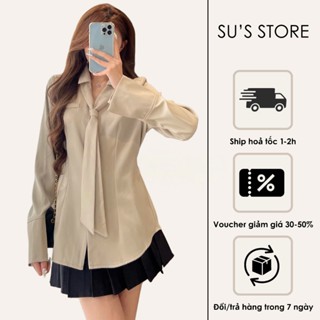 Áo Sơ Mi Chéo Hàn Dài Tay Phối Cà Vạt Buộc Eo – A2991 Susstore Áo Nữ Bigsize Cá Tính Thanh Lịch