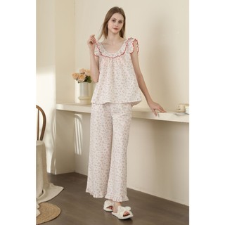 After Bath - Bộ Cotton Lưng Nơ Hoa Tím  Rosalie Ruffle Cotton Lounge Set - PJ204 