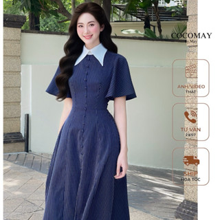 COCOMAY Đầm sọc xanh cổ trắng Sen < sọc xanh đậm - sọc xanh nhạt > phù hợp đi làm đi học đi chơi