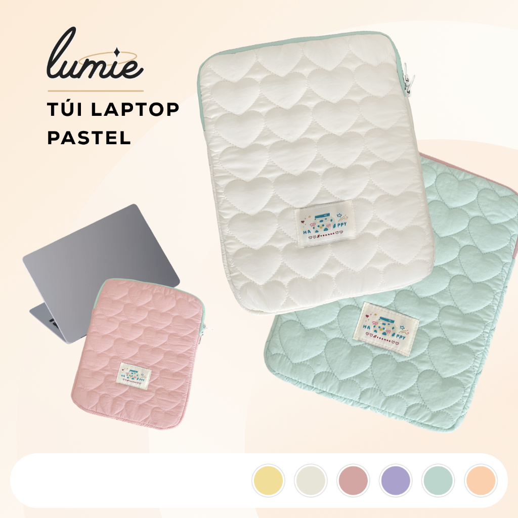 Túi Đựng Laptop Máy Tính Bảng Ipad 11/14/15.6 Inch Chống Sốc Chần Bông Trái Tim Màu Pastel Xinh Xắn