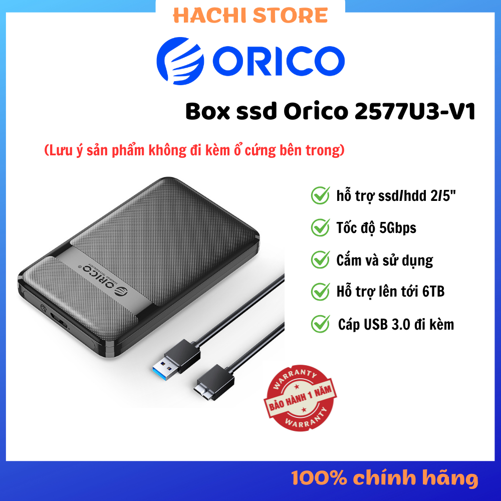 box ổ cứng Orico 2577U3-V1 hỗ trợ SSD và HDD 2.5" cổng USB 3.0 sẵn cáp đi kèm- Hàng Chính Hãng