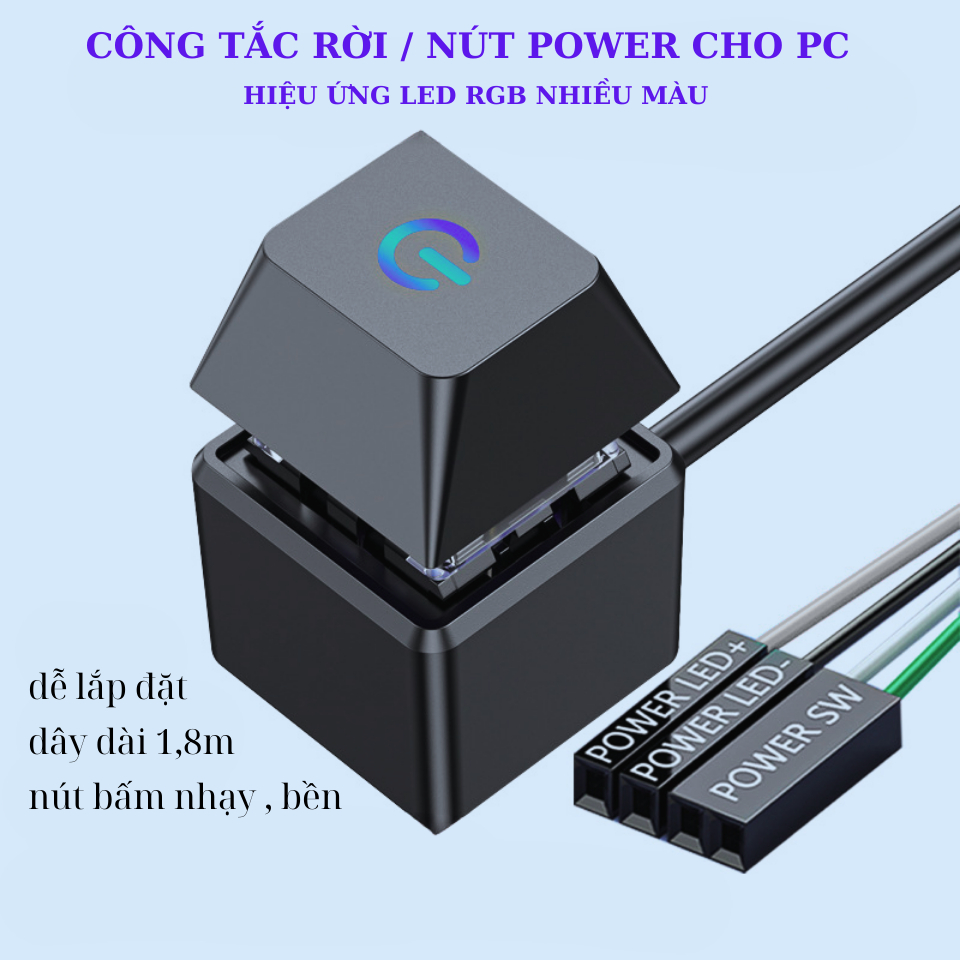 Nút nguồn PC , nút power pc , nút công tắc cho máy tính có led RGB dây dài 1,8m lắp đặt đơn giản