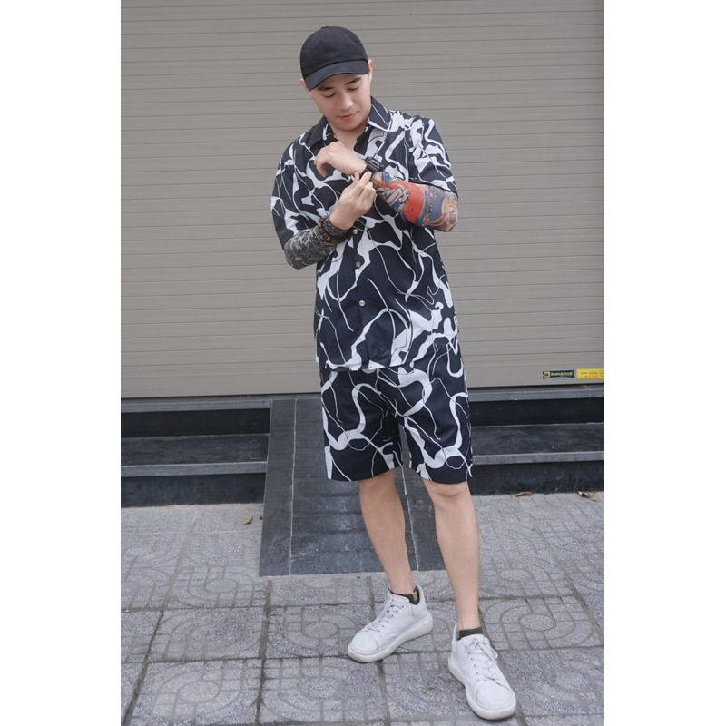 Bộ Sơ Mi Lụa Cộc Tay Nam Hoạ Tiết Vân Mây Cực Đẹp Chất Liệu Lụa Satin Cao Cấp Cổ Bẻ Kèm Quần Mặc Cực