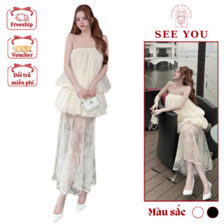 Set Đồ Nữ Đi Biển Sang Chảnh See You Thiết Kế Áo Tơ Cúp Ngực Phối Chân Váy Lưới Midi Đi Tiệc Hẹn Hò Dạo Phố Quyến Rũ