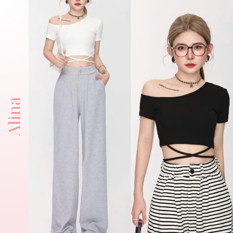 Áo trễ vai nữ croptop chất liệu cotton co giãn form ôm đơn giản cá tính Áo thun nữ ôm body phối dây 