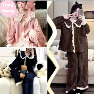 Bộ tiểu thư kẻ caro ren bèo tay dài quần dài, Bộ đồ nữ mặc nhà tiểu thư phối ren kẻ siêu bánh bèo B11