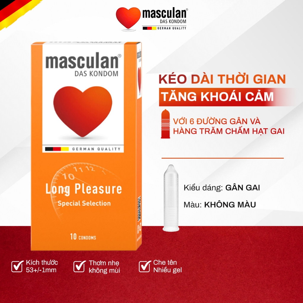 Bao cao su kéo dài thời gian mix gân và chấm hạt Masculan Long Pleasure Nhập khẩu Đức chính ngạch