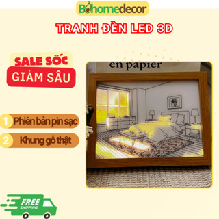 ( Khung gỗ thật) Tranh đèn ngủ led 3D đổi màu BƠ HOME DECOR, đèn ngủ 3 chế độ treo cạnh giường, để bàn