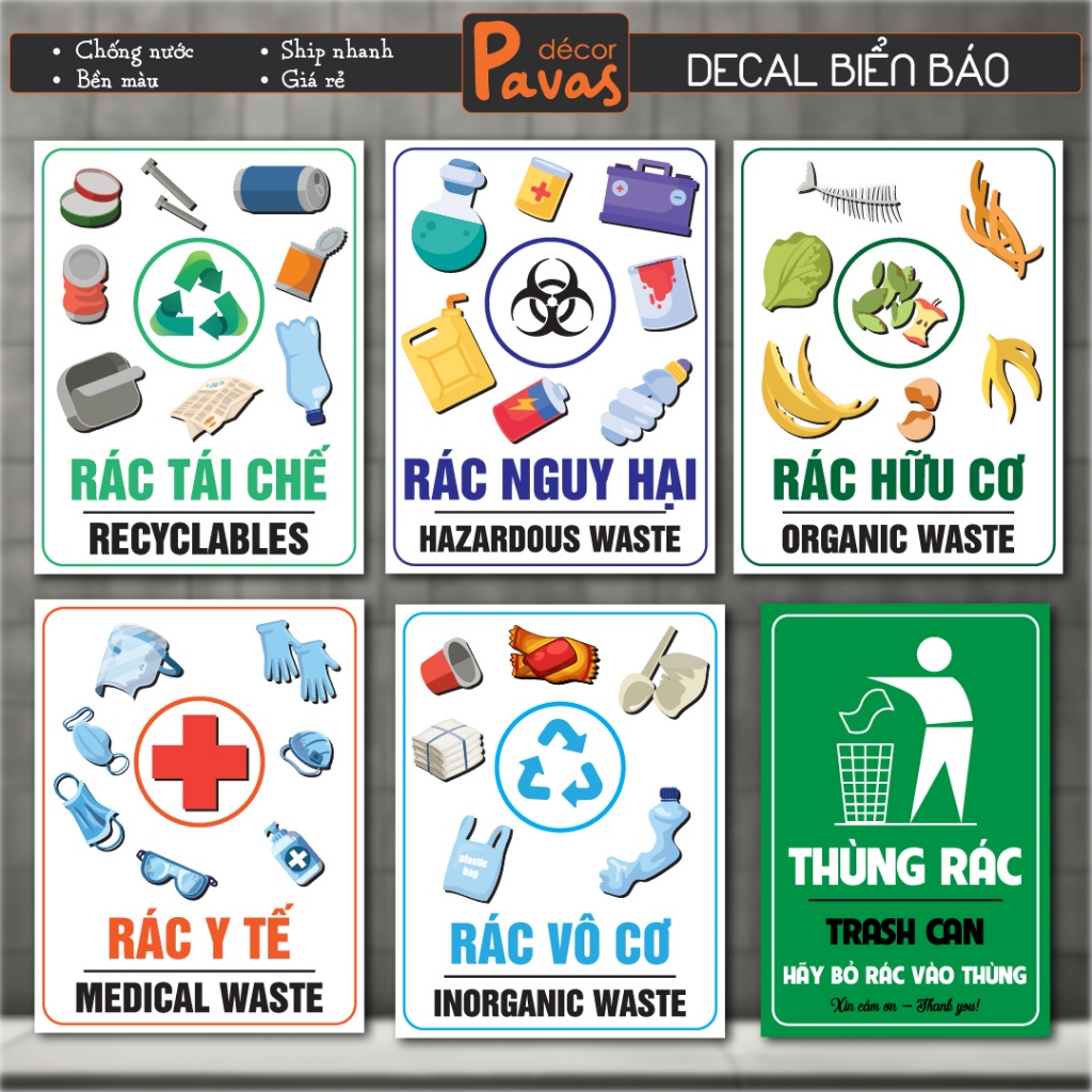 Decal Dán Biển Báo Phân Loại Rác - Thùng Rác chống nước dán trang trí tường, dán quán trà sữa, cà ph
