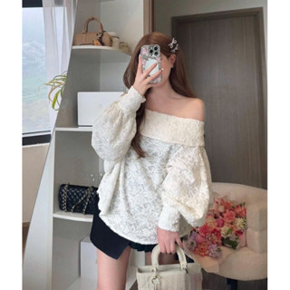 Áo Trễ Vai Ren Hoa Trắng Tay Bồng Dáng Xinh