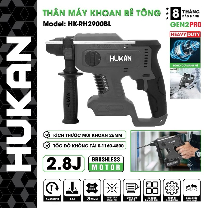 (Body) Máy khoan bê tông pin HUKAN (GEN2 PRO) HK-RH2900BL , 3 Chức năng, Lực đập 2.8j - Chuyên công 