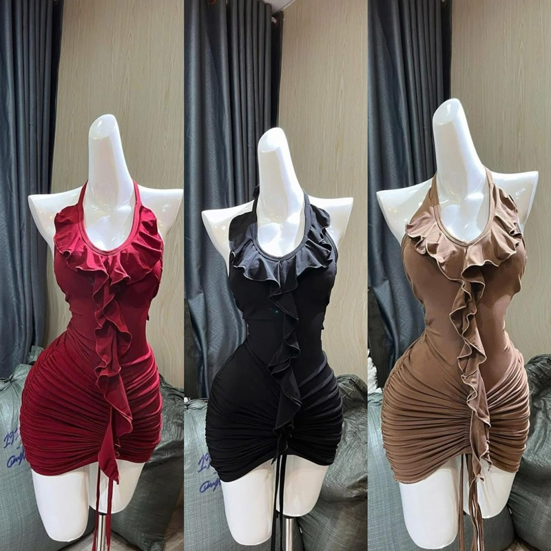 Đầm Body Yếm Rút Dây Nhún Bèo Tua Rua Dáng Ngắn Hở Lưng Thun Dẻo Uni Váy Ôm Body Thiết Kế Đi Tiệc - 