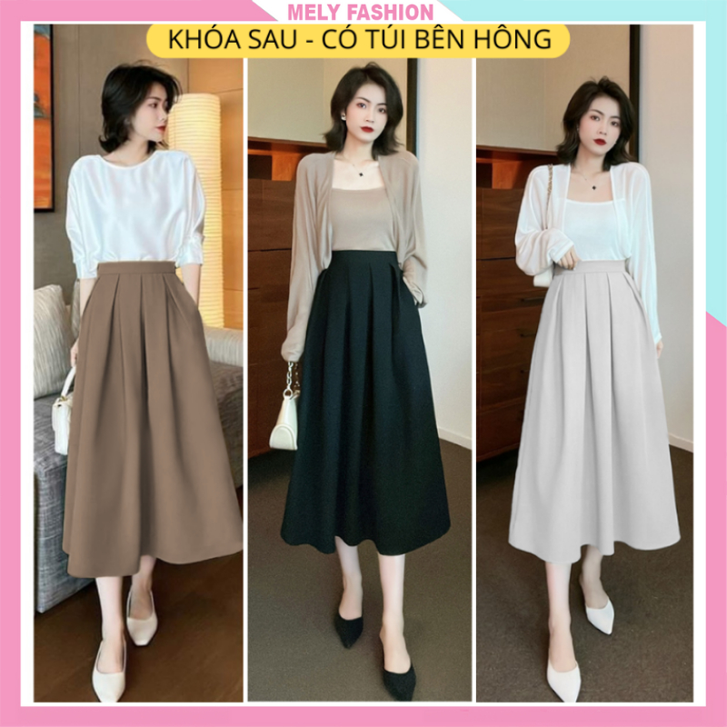 Chân váy xếp ly dáng dài Mely Fashion dài qua gối dáng xòe che bụng mỡ tôn dáng có túi đi làm đi chơi bigsize CV51-01