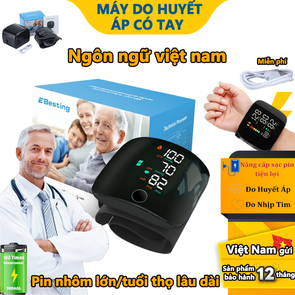 Máy đo huyết áp cổ tay cao cấp tự động màn hình kỹ thuật số sạc pin, phát giọng nói tiếng việt