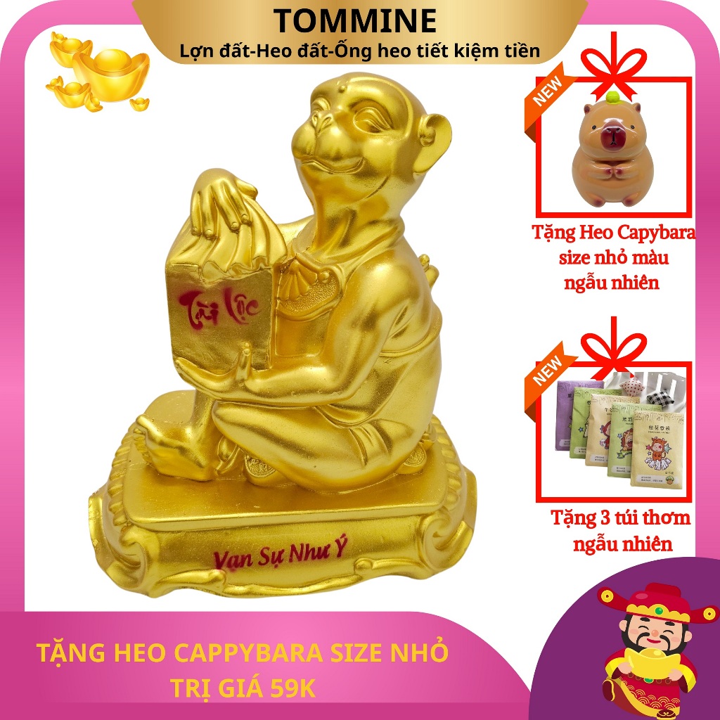 Lợn Đất, Heo Đất,Ống Heo Tiết Kiệm Tiền Tết Bệ Vàng Khỉ phát lộc Size Đại To trang trí quà tặng