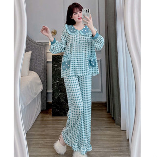 Đồ ngủ nữ tay dài quần dài vải đũi mát freesize 54kg set mặc nhà tiểu thư bánh bèo dễ thương chuẩn fashionista- Cn42