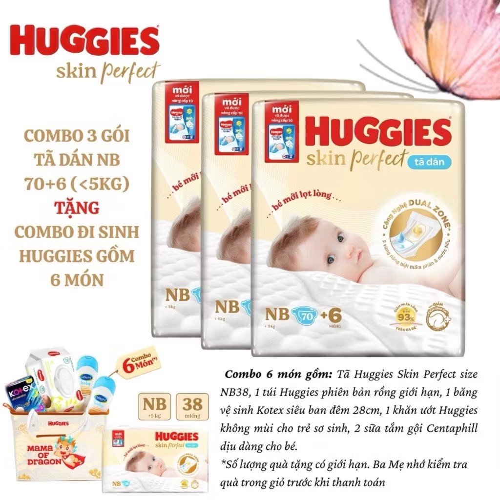 SET 3 BỊCH TÃ DÁN NB70 - TẶNG 1 BỊCH NB70 HUGGIES SKIN PERFECT