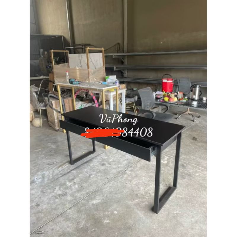 bàn 2 hộc full đen dài 1m4,bàn làm việc khung sắt mặt gỗ