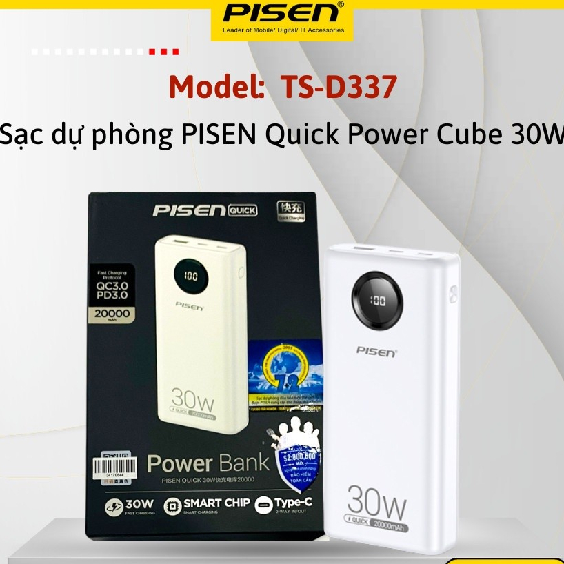 Pin dự phòng PISEN  TS-D337 QUICK Power Cube 20000mAh, công suất 30W sạc nhanh hai chiều - Hàng chín