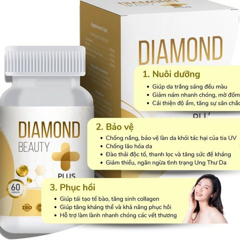 Viên uống DIAMOND BEAUTY PLUS trắng sáng da mờ nám Glutathione làm đẹp da, chống lão hóa