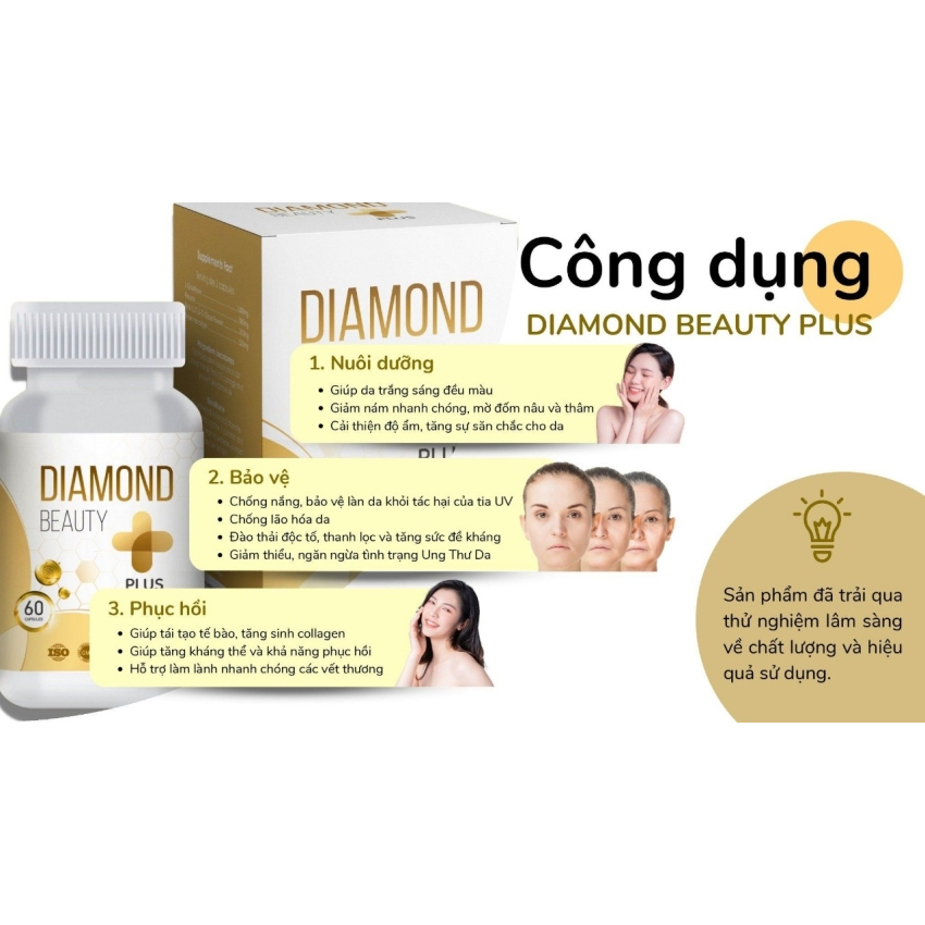 Viên uống DIAMOND BEAUTY PLUS trắng sáng da mờ nám Glutathione làm đẹp da, chống lão hóa