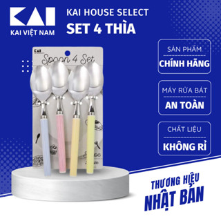 Set 4 thìa ăn KAI Striped Pattern Spoon inox cao cấp không rỉ họa tiết sọc màu pastel KAI FA-5171