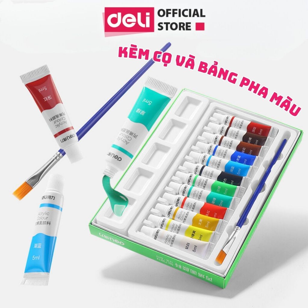 [HỌA CỤ DELI] Màu Nước Acrylic Dạng Tuýp 5ml 12ml Kèm Cọ Khay Màu Tô Tượng Vẽ Giày Túi Tote Tô Đất S