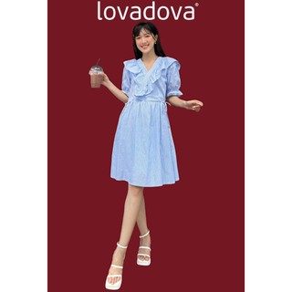 Đầm đắp chéo màu xanh dương vải linen Lovadova FD0705