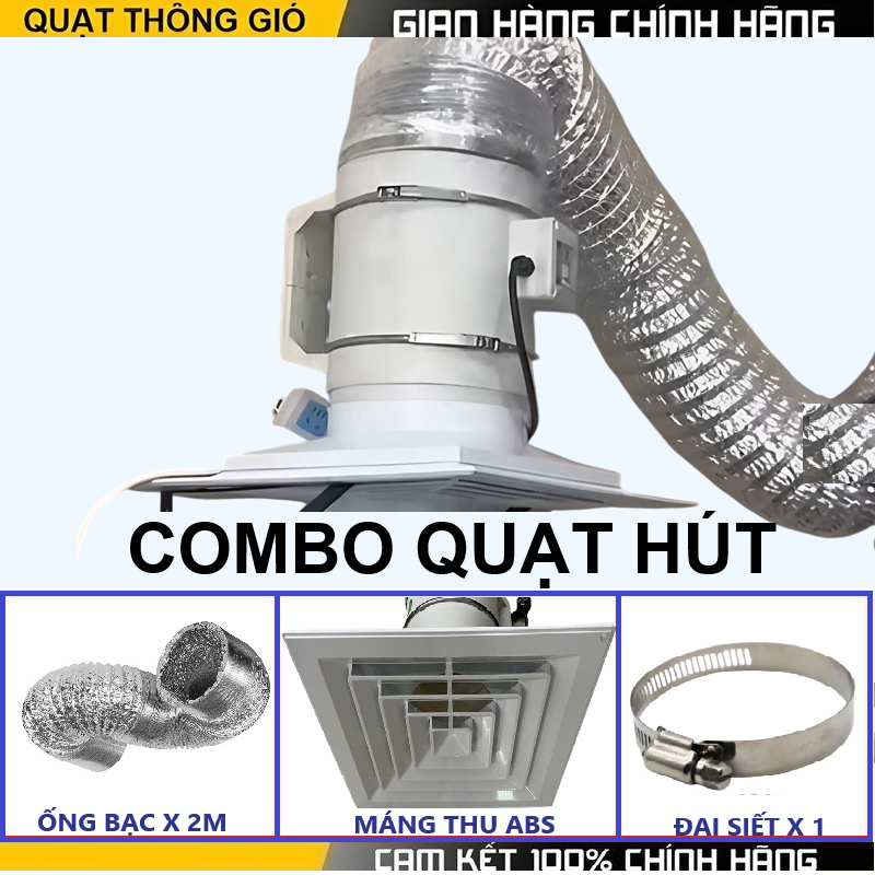 Quạt thông gió – hút mùi – cấp khí tươii+ máng thu khói+ ống bạc + đai siết