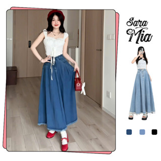 Chân váy jean xòe SARAMIA dáng dài váy bò chữ A mặc tết cạp cao xếp ly nhẹ tua gấu V17