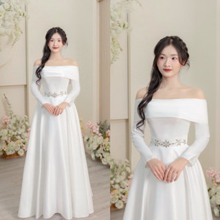 Váy Ði Bàn, Ði Tiệc Cô Dâu Chất Vải Phi, Tay Dài Trễ Vai Siết Eo Cực Tốt, Dáng Dài Chạm Ðất, Màu Trắng Nhã Nhặn