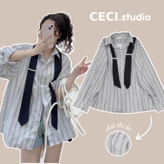  Áo Sơ Mi Nữ Dài Tay Kẻ Sọc Kèm Cà Vạt Cổ Bẻ Chất Liệu Thô Kẻ - Áo Sơ Mi Cà Vạt Kiểu Nữ Phong Cách Hàn Quốc Ceci.studio 