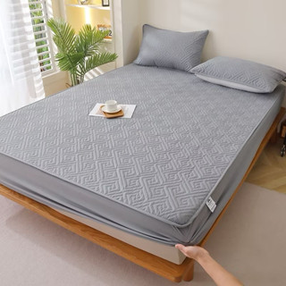 Bộ 3 Món Ga Gối Thêu Vạn Trải Giường Trần Bông Bọc Chun, Ga Chun Trần Bông Cao Cấp Chanel Đủ Kích Thước m6,m8,2m2.