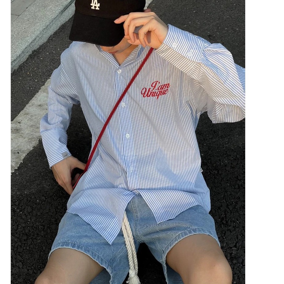  Áo sơ mi tay dài Oxford thêu Codes studio tà bầu from rộng nam nữ 2 màu trắng kẻ sọc xanh basic striped shirt hàn quốc 