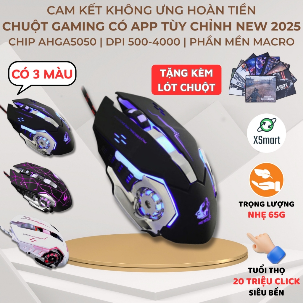 Chuột Game Thủ V5 Cực Bền Thiết Kế Độc Lạ Có LED Nhiều Màu Tuổi Thọ 20 Triệu Và Lót Chuột Game