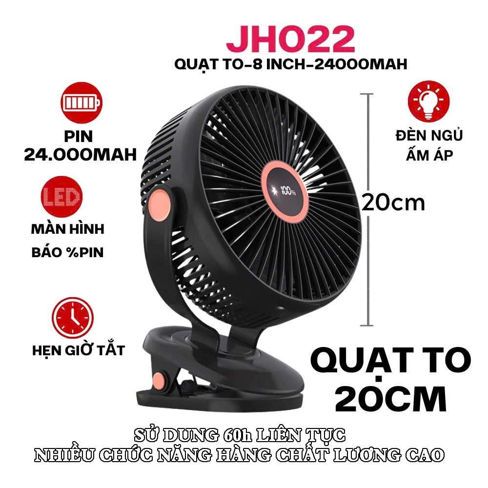 [25000mMAH] Quạt Tích Điện Kẹp LOẠI TO Q28 - JH-022, Hiện thị %pin, Lồng quạt 20cm - BẢO HÀNH 24 THÁNG | BigBuy360 - bigbuy360.vn