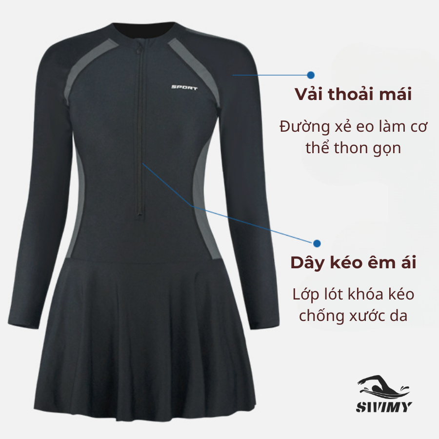 [K056] Đồ bơi nữ dài tay SWIMY chất liệu cao cấp, bikini nữ đi bơi, đi biển dáng váy kèm quần bảo hộ | BigBuy360 - bigbuy360.vn