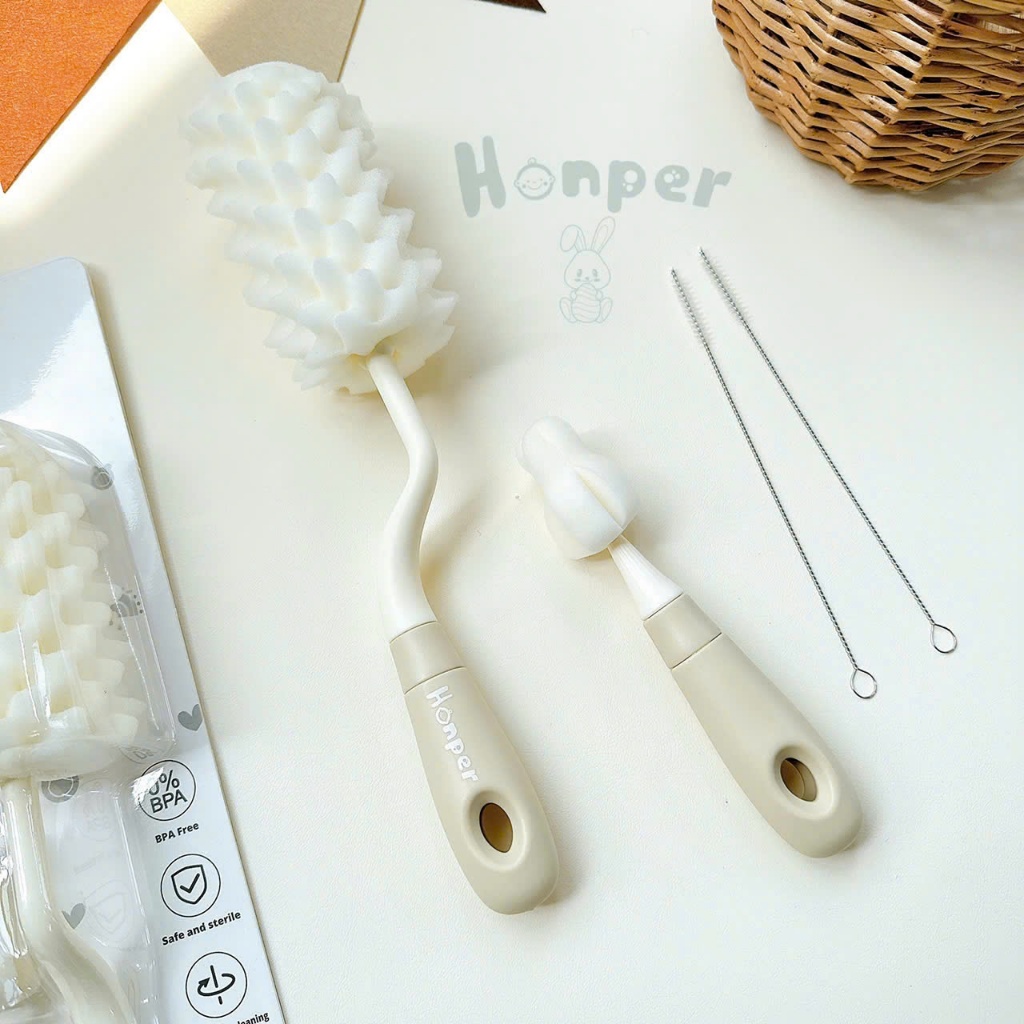 Cọ rửa bình HONPER mút xốp, Bộ dụng cụ 3 chi tiết vệ sinh bình sữa, núm ti cao cấp Honper cho bé an 
