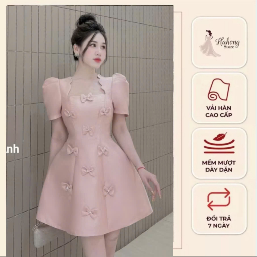 Đầm Nữ thiết kế, Váy Dự Tiệc Chất Liệu Tafta cổ vuông đính nơ khâu đá dáng Ngắn Sang Trọng Đen Trắng Hồng