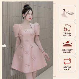 Đầm Nữ thiết kế, Váy Dự Tiệc Chất Liệu Tafta cổ vuông đính nơ khâu đá dáng Ngắn Sang Trọng Đen Trắng Hồng