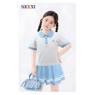  Set Váy Xếp Ly Bé Gái Áo Thun Sọc Cổ Bẻ Ngắn Tay Tay Cộc In Kitty Hottrend Nexxi 
