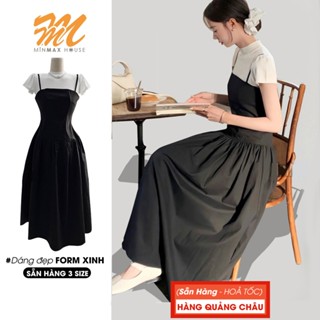 [HÀNG QUẢNG CHÂU] Set váy đầm yếm dự tiệc Minmax House, Váy yếm đi đám cưới, Áo Zip Trắng Mix Yếm Váy Kaki Đen Dáng Dài