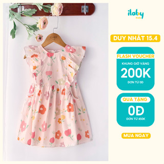 Váy cho bé gái ILABY chất thô họa tiết hoa lá tay cánh tiên nhún bèo dài xuống thân nơ cổ sau [3066]