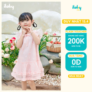 Váy cho bé gái ILABY chất tơ họa tiết chấm bi tay cánh tiên đính nơ cổ áo [3028]
